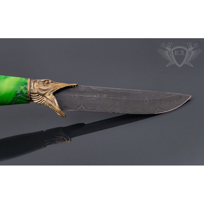 Авторский нож "Речная щука" из дамасской стали с акрилом и чехлом RVD60 (Н0803)