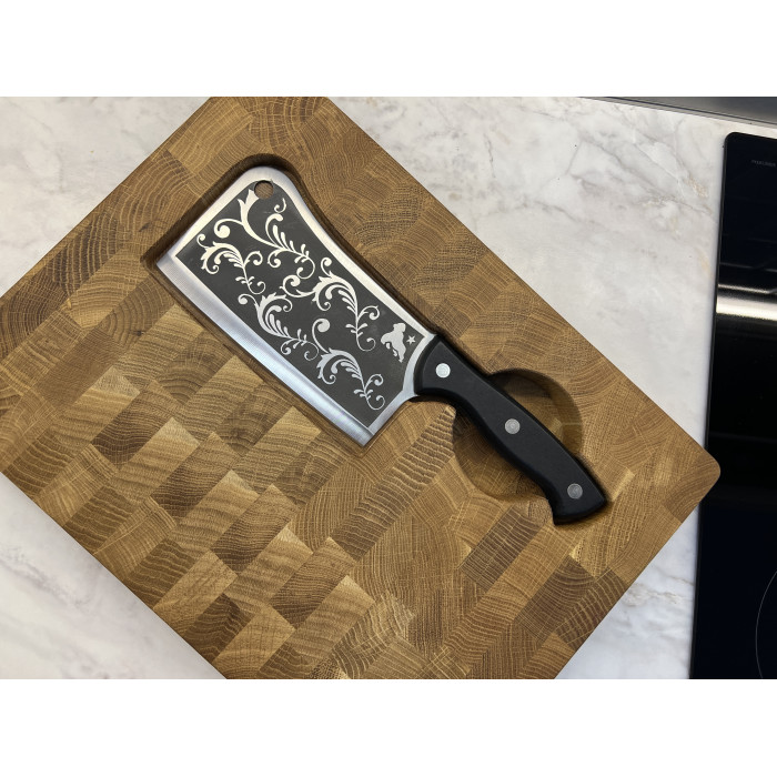 Набор кухонный торцевая разделочная доска дуб с ножом-тяпкой Узор Gorillas BBQ DS30