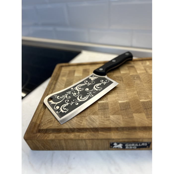 Набор кухонный торцевая разделочная доска дуб с ножом-тяпкой Узор Gorillas BBQ DS30