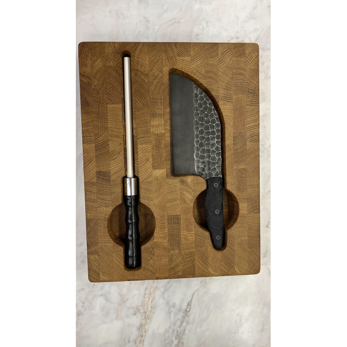 Набор кухонный торцевая доска разделочная с тяпкой Серб темный + мусат Gorillas BBQ DS34