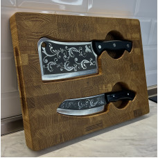 Набор кухонный торцевая доска разделочная с кухонным топориком Узор и ножом Шашлычник Gorillas BBQ DS35