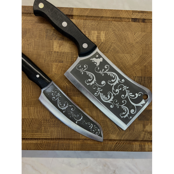 Набор кухонный торцевая доска разделочная с кухонным топориком Узор и ножом Шашлычник Gorillas BBQ DS35