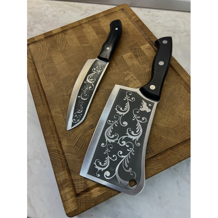 Набор кухонный торцевая доска разделочная с кухонным топориком Узор и ножом Шашлычник Gorillas BBQ DS35