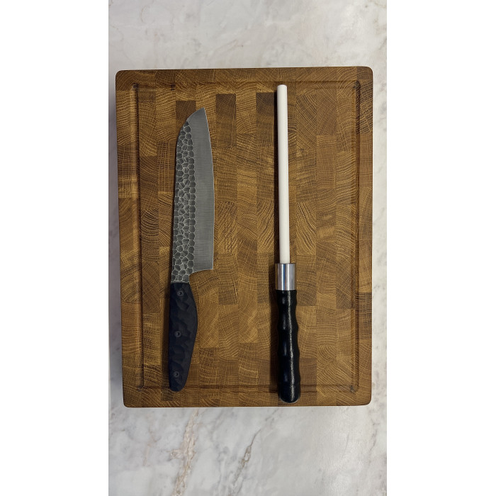 Набор кухонный торцевая разделочная доска с кухонным ножом Шеф и мусатом Gorillas BBQ DS36
